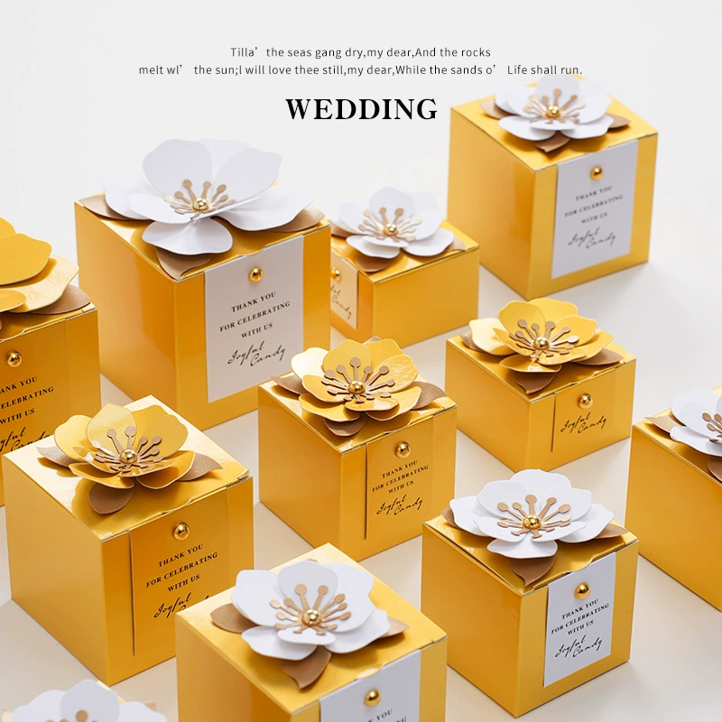 Новая элегантная и изысканная золотая свадебная креативная квадратная свадебная коробка для конфет в форме цветка, коробка для упаковки конфет для помолвки