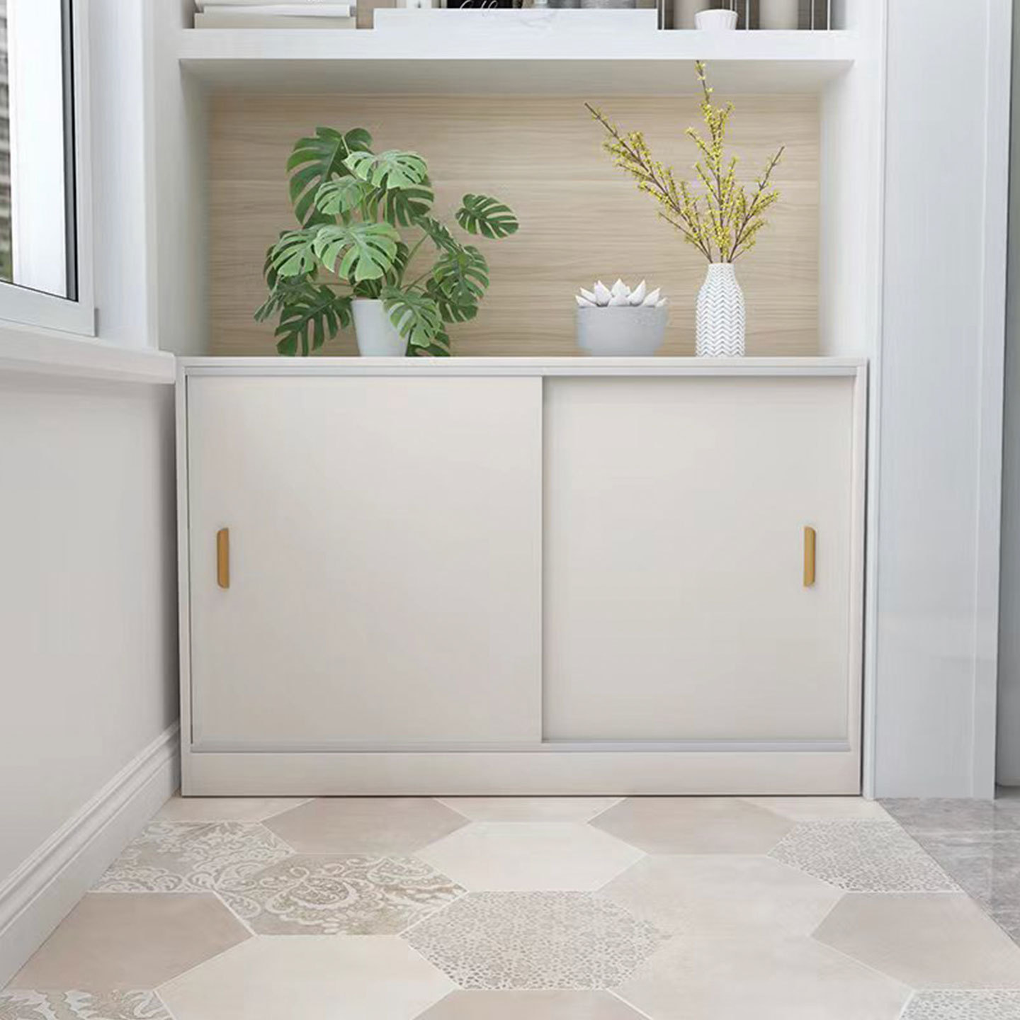 Modern bay window storage cabinet, balcony cabinet, living room miscellaneous floor cabinet, multifunctional storage low cabinet with sliding doors