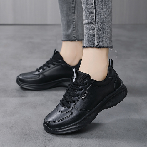 Women's Autumn Sports Shoes with Leather Surface, Waterproof, Thick Sole, Comfortable, All Black, KFC Kitchen Anti-Slip Work Shoes