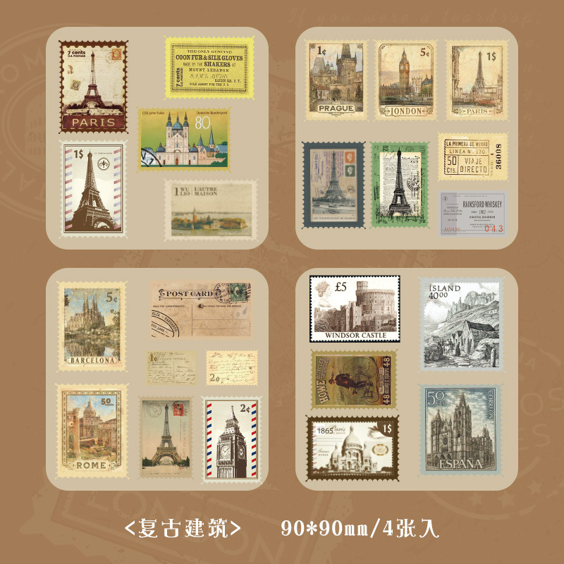 Ins Cross-Time Post Office Vintage Art Stamp Pegatinas Material decorativo Cuenta a mano bricolaje Sello Collage Autoadhesivo