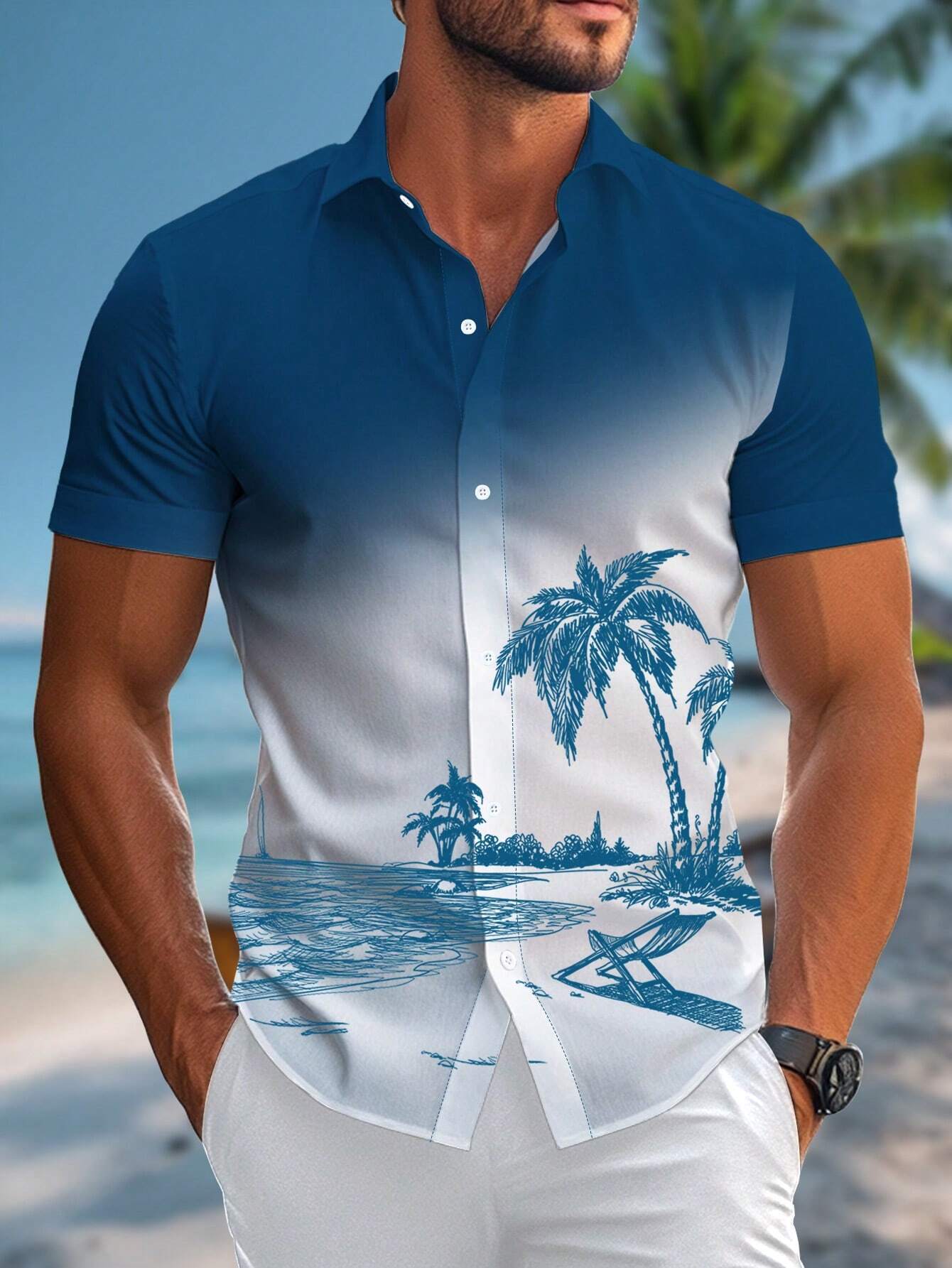 Ropa de hombre de comercio exterior de estilo europeo y americano 2024 nueva camisa de manga corta con patrón de árbol de coco de moda casual de todo fósforo MB1