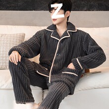 纯色男士珊瑚绒睡衣秋冬季长袖加绒加厚保暖冬天中青年大码家居服