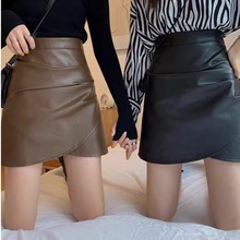 黑色小皮裙女春秋冬大码胖mm辣妹高腰褶皱防走光包臀a字显瘦短裙