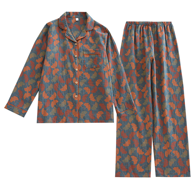 Traje de pijama de gasa de doble capa jacquard teñido con hilo de primavera y otoño para mujer, pantalones de manga larga de algodón crepé lavado, ropa para el hogar