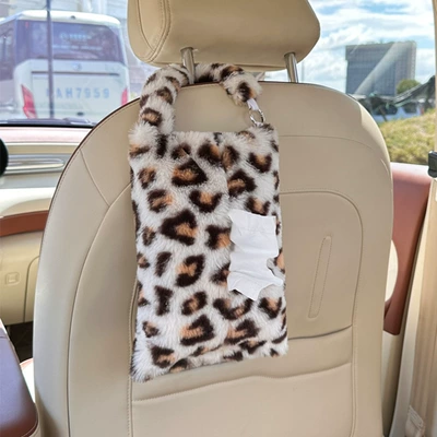 Cross-Border Leopard Print Car Tissue Box Cute Car Interior Decoration Tissue Hanging Bag Plush Hanging Car Seat Tissue Box (Car tissue box/set) - rabbit-fur-leopard-print-tissue-box-gray