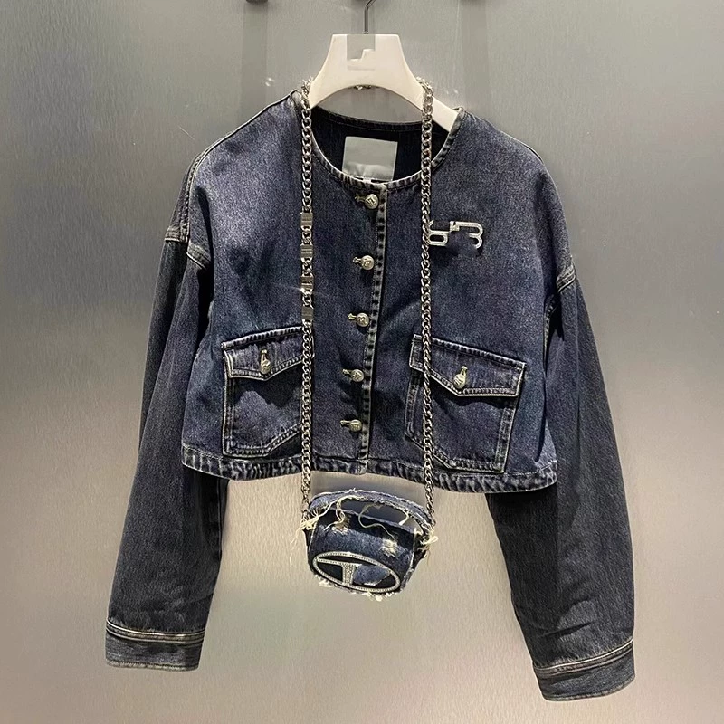 Spring universal bag with a round collar, denim jacket, (Physicals), chain bag