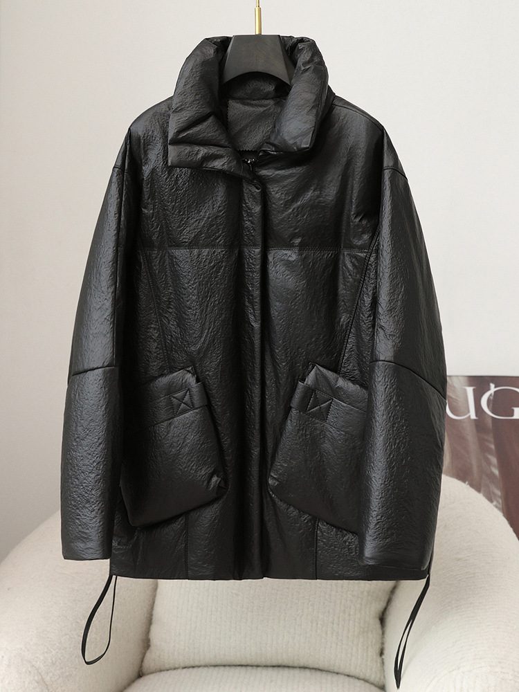 Chaqueta de plumón de piel de oveja con nuevo patrón de piedra 2025 para mujer, chaqueta cálida y gruesa de plumón de ganso de longitud media para mujer