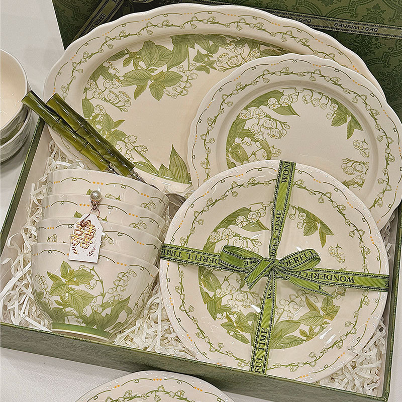 Lily of the Valley Flower Bowl and Dish Set Household Ceramic Tableware Set Pastoral Style High-Value Underglaze Color Dish Plate Soup Plate Bowl and Chopsticks Lily of the Valley Flower Bowl and Dish Set Household Ceramic Tableware Set Pastoral Style High-Value Underglaze Color Dish Plate Soup Plate Bowl and Chopsticks