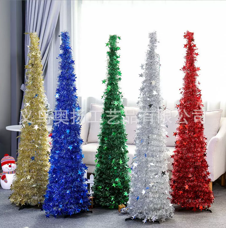 彩条圣诞收缩树装饰用品摆件酒店商场展示品可收缩折叠毛条树
