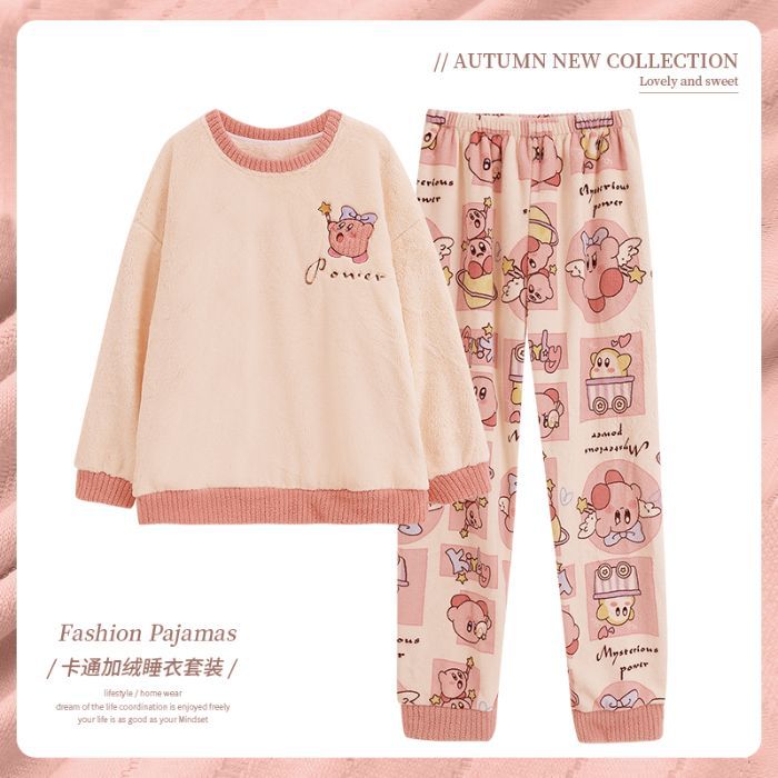 Transfronteriza al por mayor rosca de cuello redondo pijamas de temporada de franela mujeres otoño y invierno engrosado dulce dibujos animados mangas largas explosión ropa para el hogar