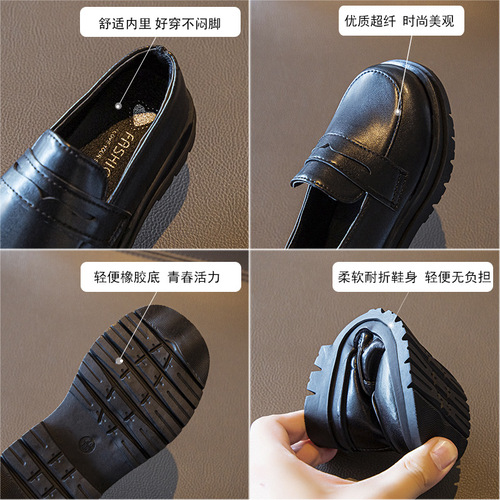 Children's black leather shoes 2024 spring and autumn new fashion style baby girl princess shoes girls British style retro single shoes