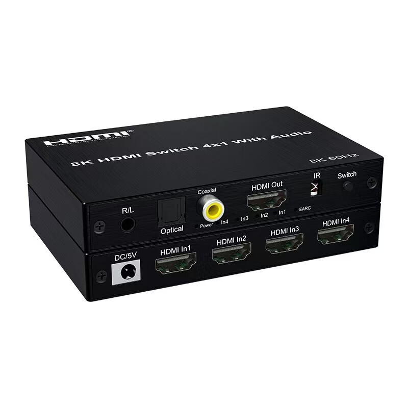 Cross-border 8 K60HZ switcher HDMI4 in 1 out with audio separation ARC coaxial 3.5 optical fiber audio remote control