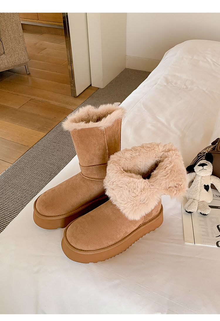 Damen-Winterstiefel mit Kunstfellfutter, dicker Gummisohle, runder Zehenpartie, Schnallenriemen, lässige hohe Stiefel für kaltes Wetter, die kurze Füße verlängern_voghion.com