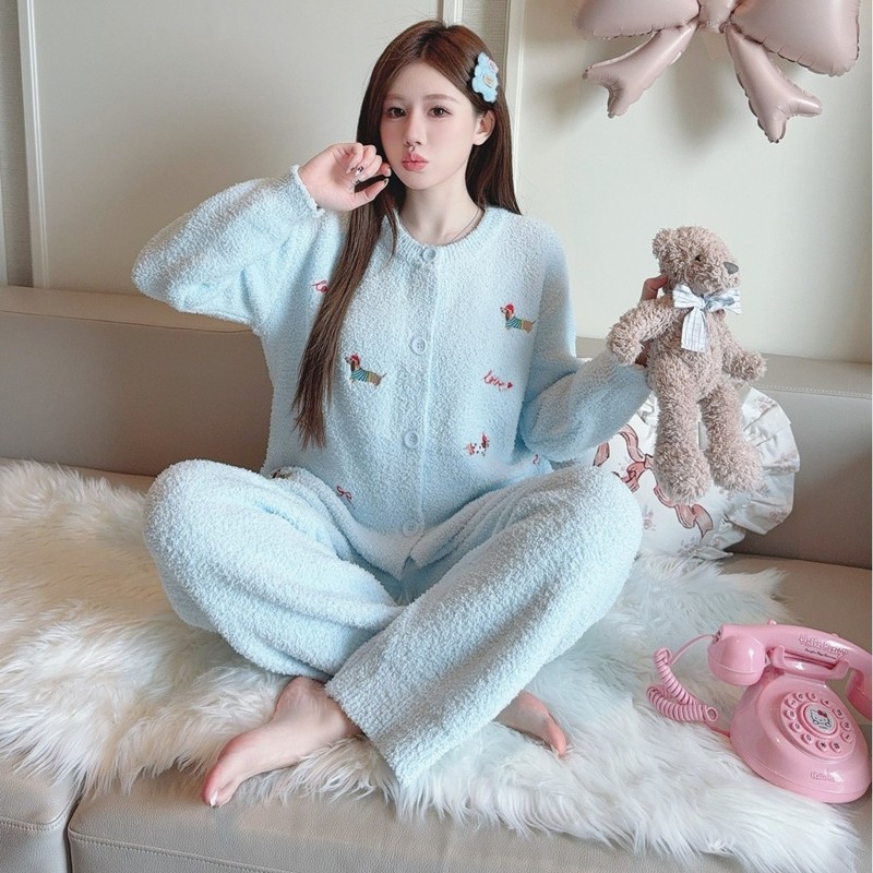 圆领开衫睡衣女半边绒秋冬季加厚甜美仙女风加厚加绒软绵绵家居服|undefined