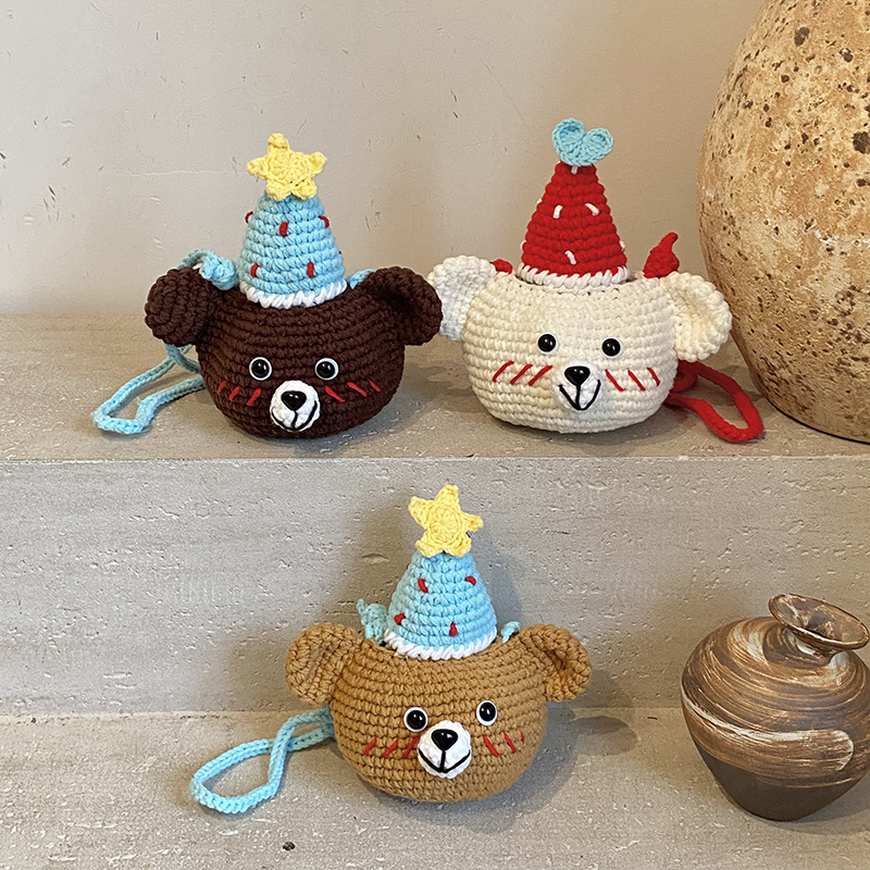 Bolsa de accesorios para niños tejidos de lana hechos a mano adorable oso pequeño bolso de cambio de bebé otoño y invierno nuevo mini mochila