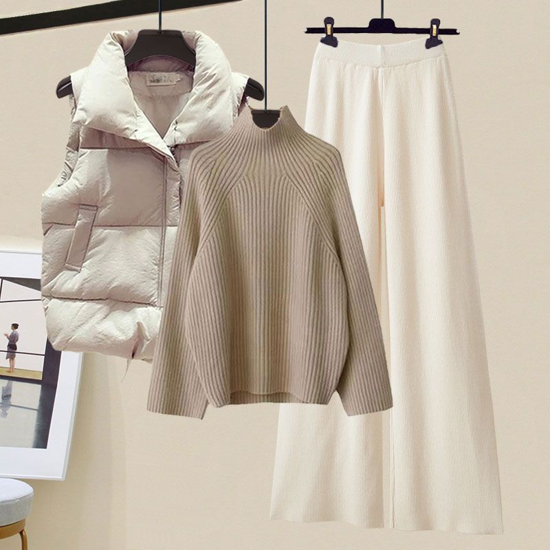 冬季穿搭一整套2025新款洋气棉服马甲高领毛衣女显瘦阔腿裤三件套|undefined
