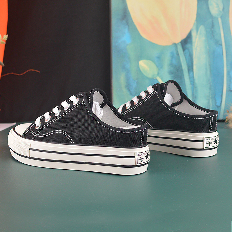 내부 높이 캔버스 신발 여성 반 드래그 바닥 여름 새로운 조이스틱 착용 가방 헤드 힐 슬리퍼