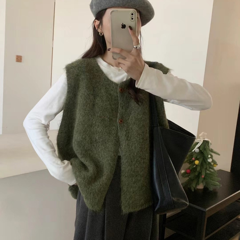 针织马甲开衫女秋冬季新款背心韩系简约复古软糯宽松叠穿毛衣坎肩|undefined