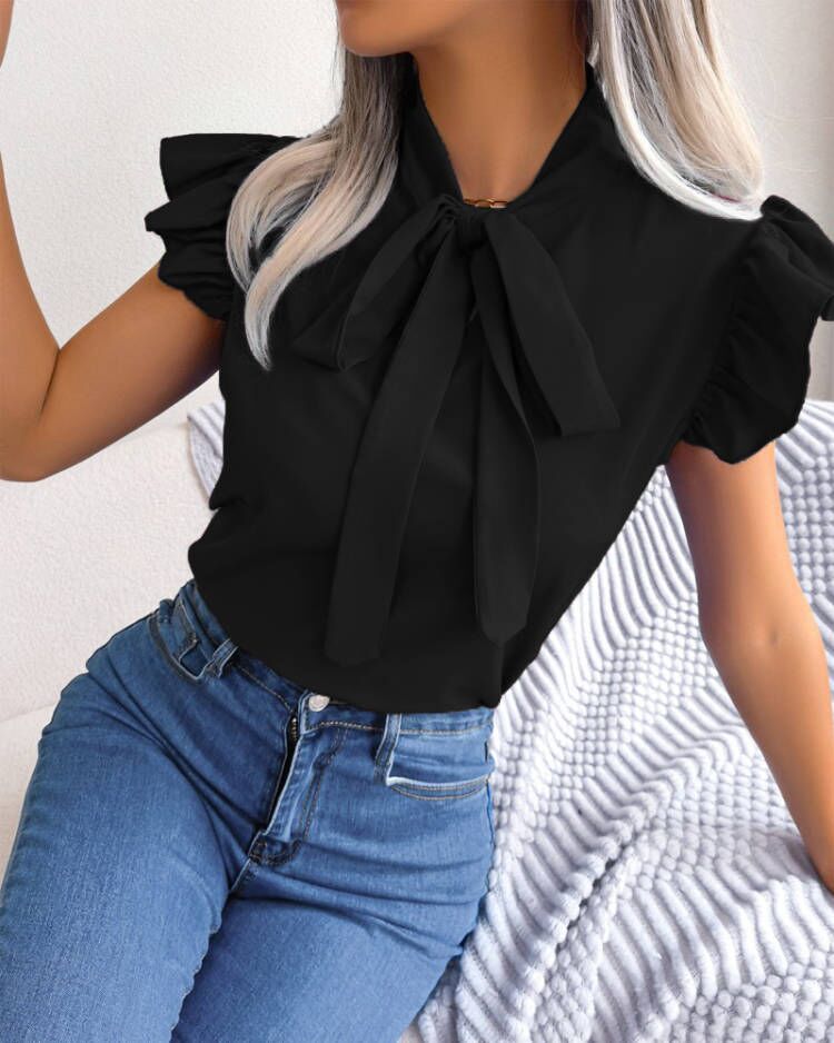 Women's Blouse Short Sleeve Blouses Bowknot Preppy Style Solid Color display picture 3
