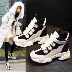2024 Genuine Leather Heightening Casual Women's Cotton Shoes Thick-soled Korean Style Trendy Dad Shoes Versatile Wedge High-top Shoes for Women