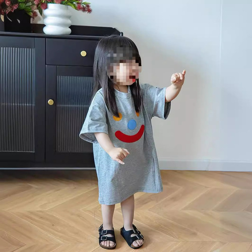 Korean version cute short-sleeve T-shirt dress for babies 24 summer children personalized split skirt dress 0075A025