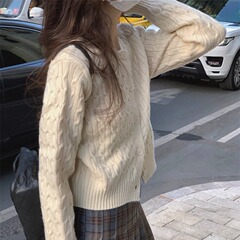 KANING 無地ショートレトロツイストセータージャケット女性のための 2025 秋と冬の新しい韓国スタイル ins ニットカーディガン