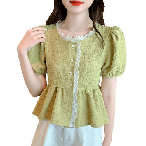 French-style top with hidden belly women's summer skirt hemming small shirt, 2025 short-sleeved chiffon shirt