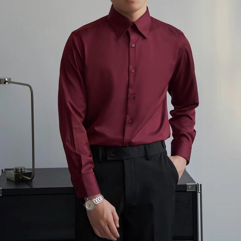 Korean Style Autum Black Shirt Men's Long-Sleeved Slim Business Formal Wear Men's Burgundy Wedding Shirt Elastic and Iron-Free