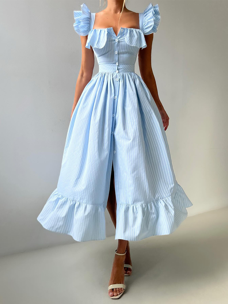 Women's Clothing Striped Dress Button Down Cardigan Waist Cinching Long Dress Summer New Style Flutter Sleeve_ecoleips.com