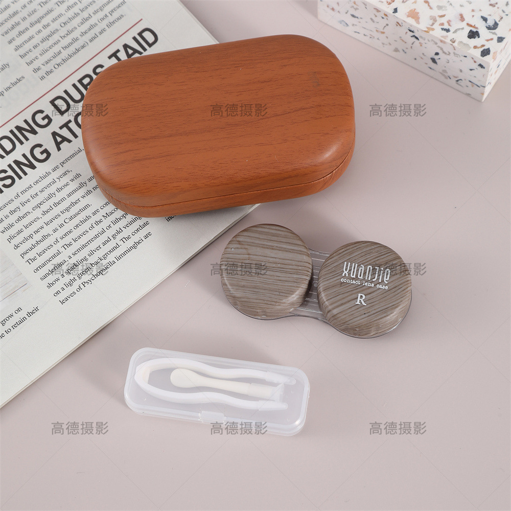 Caja de lentes de contacto portátil de alto grado retro a prueba de fugas grano de madera ins simple pequeña caja de pareja de color sólido caja de pupila de belleza