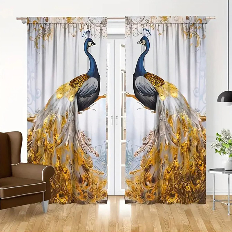 2pcs golden feather peacock print curtain bedroom office kitchen living room study home decoration 2pcs golden feather peacock print curtain bedroom office kitchen living room study home decoration