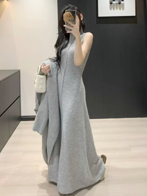 时尚气质高级感针织套装女秋冬新款半高领背心连衣裙+开衫两件套|undefined