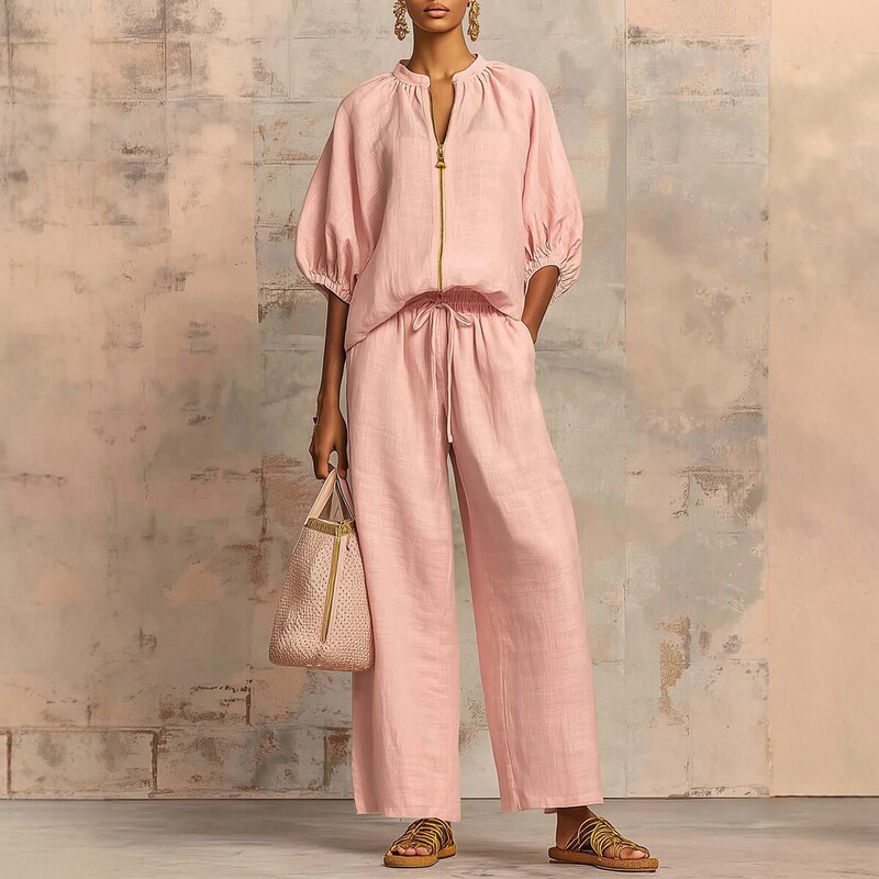 2026 Summer New European and American Cross-Border Women's Fashion Casual Loose Solid Color Zipper Round Neck Wide-Leg Pants Set for Women 2026 Summer New European and American Cross-Border Women's Fashion Casual Loose Solid Color Zipper Round Neck Wide-Leg Pants Set for Women