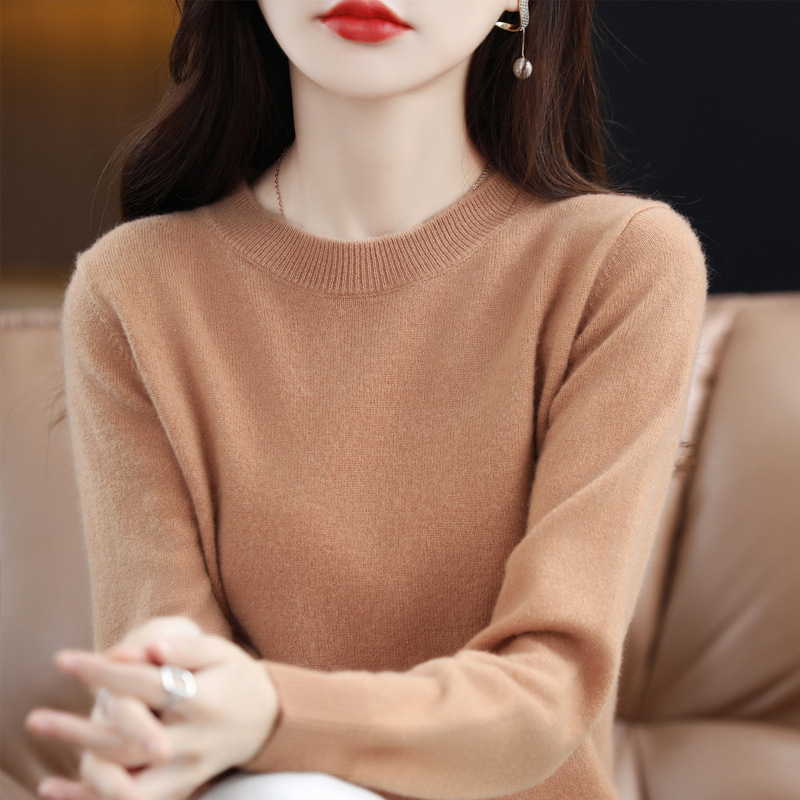 Otoño e Invierno 100% suéter de lana pura de las mujeres de cuello redondo Jersey corto de lana de manga larga suéter recto suéter a juego ropa exterior