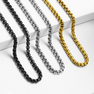 Square Pearl Chain Stainless Steel Men's Necklace DIY Accessories Trendy 18K Gold Titanium Steel Jewelry Cross Border Black Hanging Chain