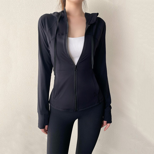 Lulu style women's yoga jacket with hood, slimming zipper cardigan workout top, running sport jacket