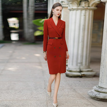 AD法式红色西装连衣裙女2023秋季新款职业气质女神范西服包臀长裙