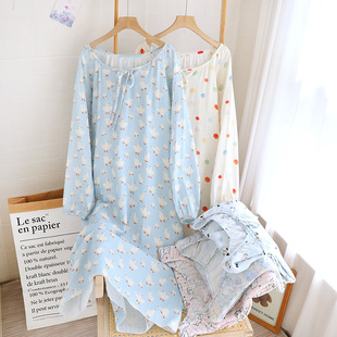 Simple Women's Cotton Gauze Long-sleeved Nightgown Cotton Digital Printed Thin Home-wearable Nightgown Manufacturers