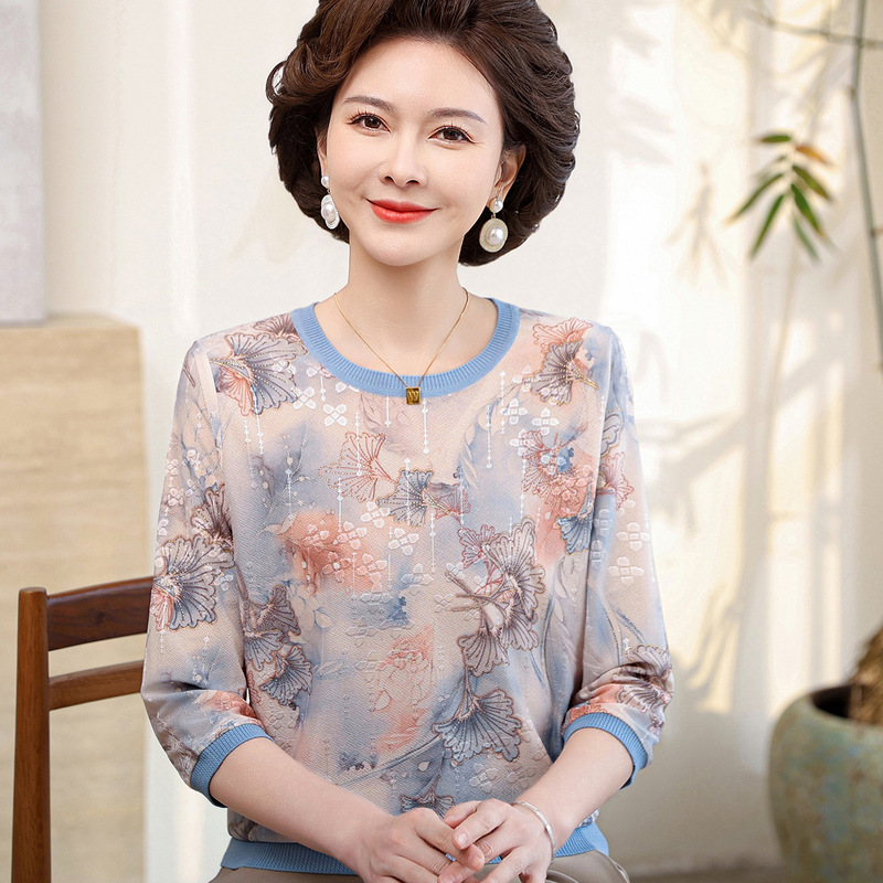 Middle-Aged and Elderly Women's Spring Clothing, Mid-Sleeve T-Shirts, Tops for 40-50 Year Old Moms, Thin Autumn Tops, Plus Size