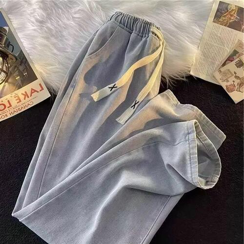 Spring and autumn jeans men's trend all-matching casual loose straight pants elastic waist long pants drawstring design