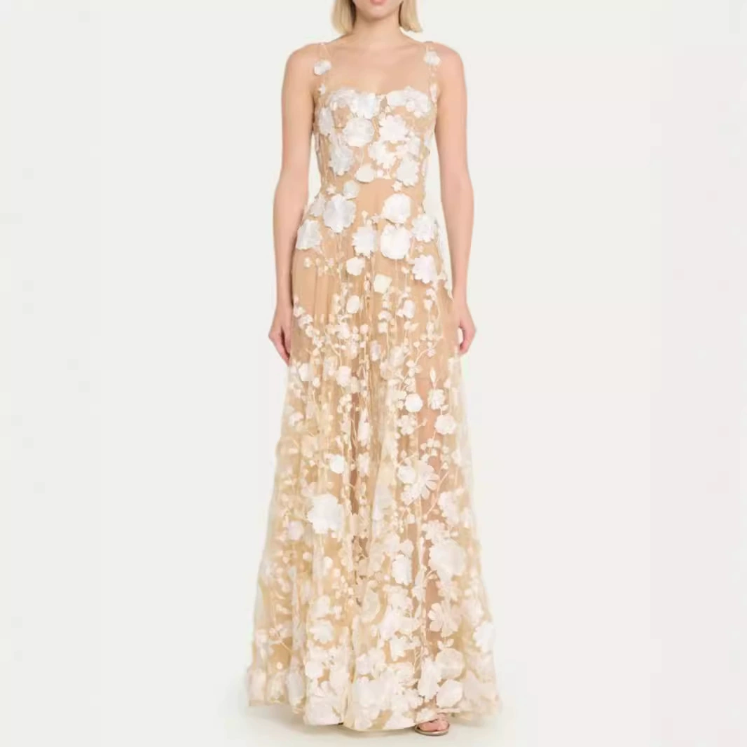 2024 европейское и американское платье высокого класса сетчатая вышивка трехмерная цветочная подтяжка платье