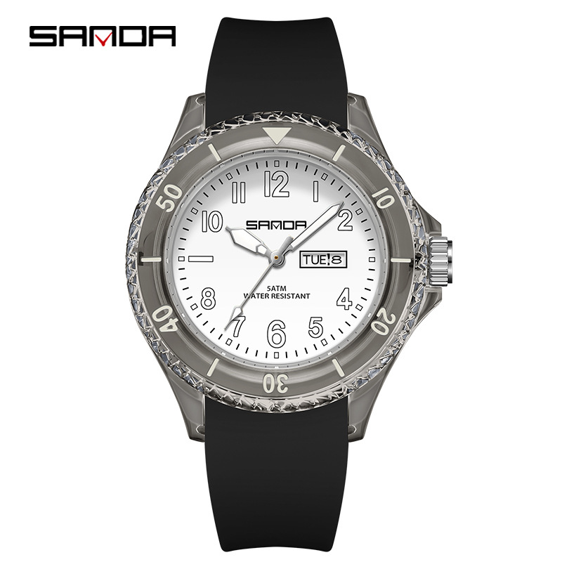 Sanda marca reloj de cuarzo al aire libre impermeable simple calendario caso transparente estudiante niños reloj 9062