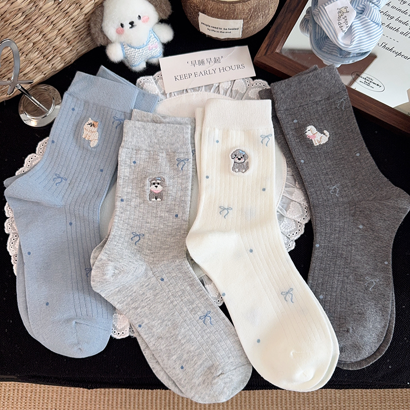 Puppy Jacquard Socks for Women, Mid-Calf Socks, Trendy Cotton Socks, Spring and Summer Cute Cartoon Bowknot Girls' Slouch Socks Puppy Jacquard Socks for Women, Mid-Calf Socks, Trendy Cotton Socks, Spring and Summer Cute Cartoon Bowknot Girls' Slouch Socks