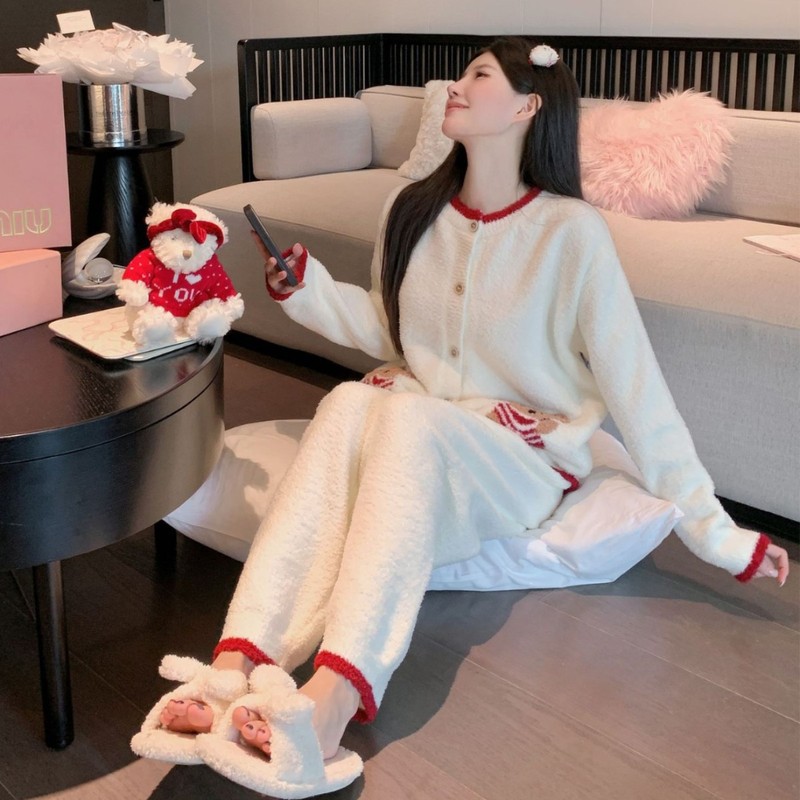 可爱小熊撞色学院风半边绒家居服开衫女装2025新款宽松睡衣可外穿|undefined