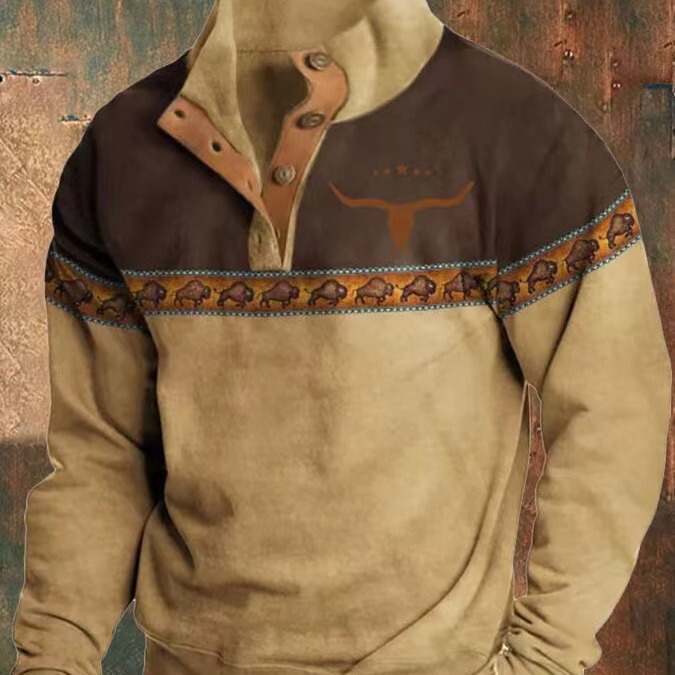 Independent station New Western style men's long sleeve button print casual fashion jacket coat