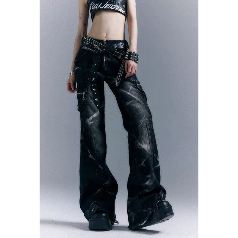 Hot Girl Rock Slim Low-Waist Pants Punk Heavy-Duty Washed Rivets American Street Retro Bootcut Jeans for Women