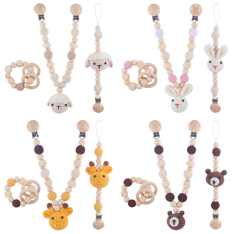 Nuevo bebé suministros de dibujos animados animal jirafa ovejas calmante bebé chupete cadena coche colgando traje de tres piezas