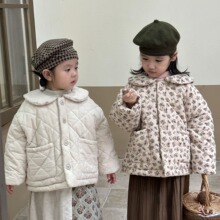 韩国女童棉衣冬季娃娃领加绒加厚碎花儿童装棉服2024新款宝宝外套