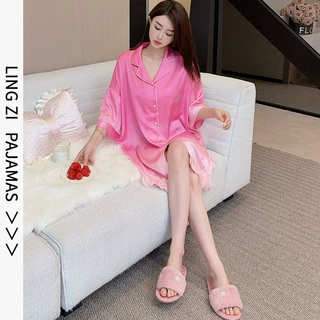 2025新款冰丝睡衣女衬衫裙高级感高级感长袖翻领开衫可外穿家居服