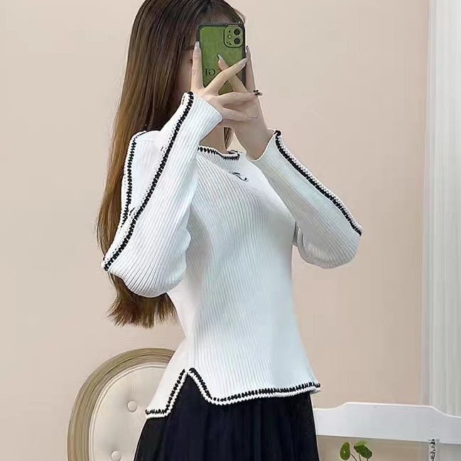2023秋季撞色小香风手工编织字母刺绣套头显瘦针织上衣时尚百搭